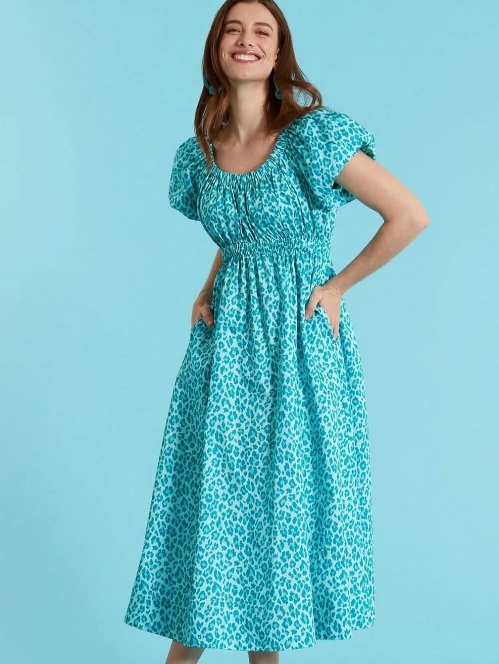 Tyler Boe Midi Dress Womens Small Blue Leopard Print Cotton Puff Sleeve
